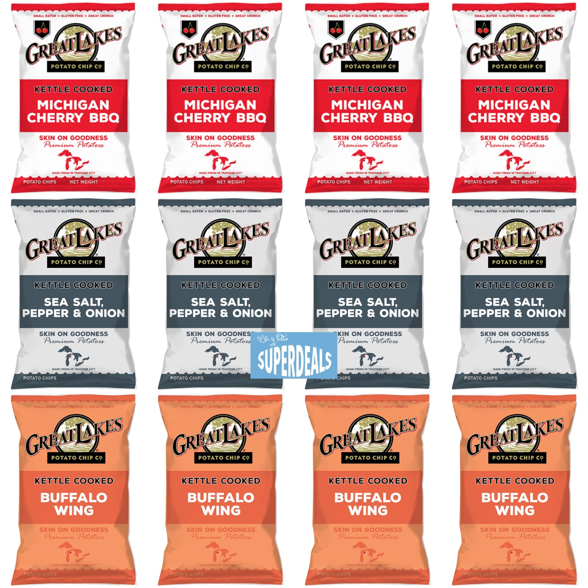 Great Lakes Bold & Zesty Flavor Trio: The Ultimate Snack Adventure by SUPERDEALS | 1.375 Oz Bag | 4 Michigan Cherry BBQ | 4 Sea 