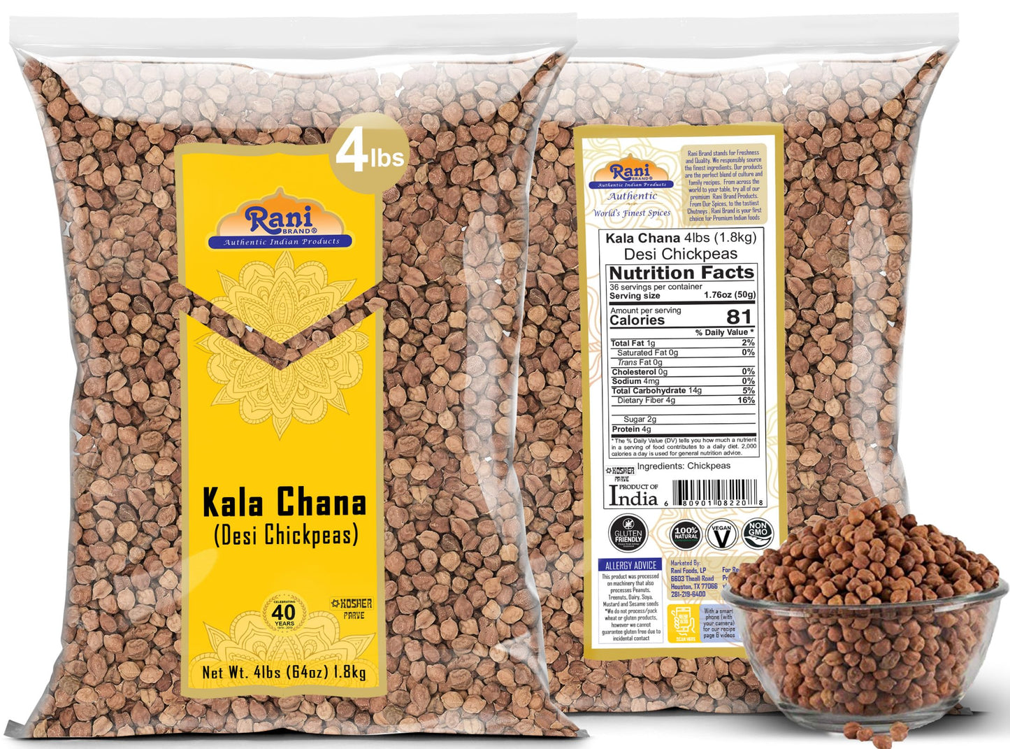 Rani Kala Chana (Desi Chickpeas Chana With Skin) 64Oz (4Lbs) 1.81Kg Bulk ~ All Natural | Gluten Friendly | Non-Gmo | Kosher | Vegan | Indian Origin