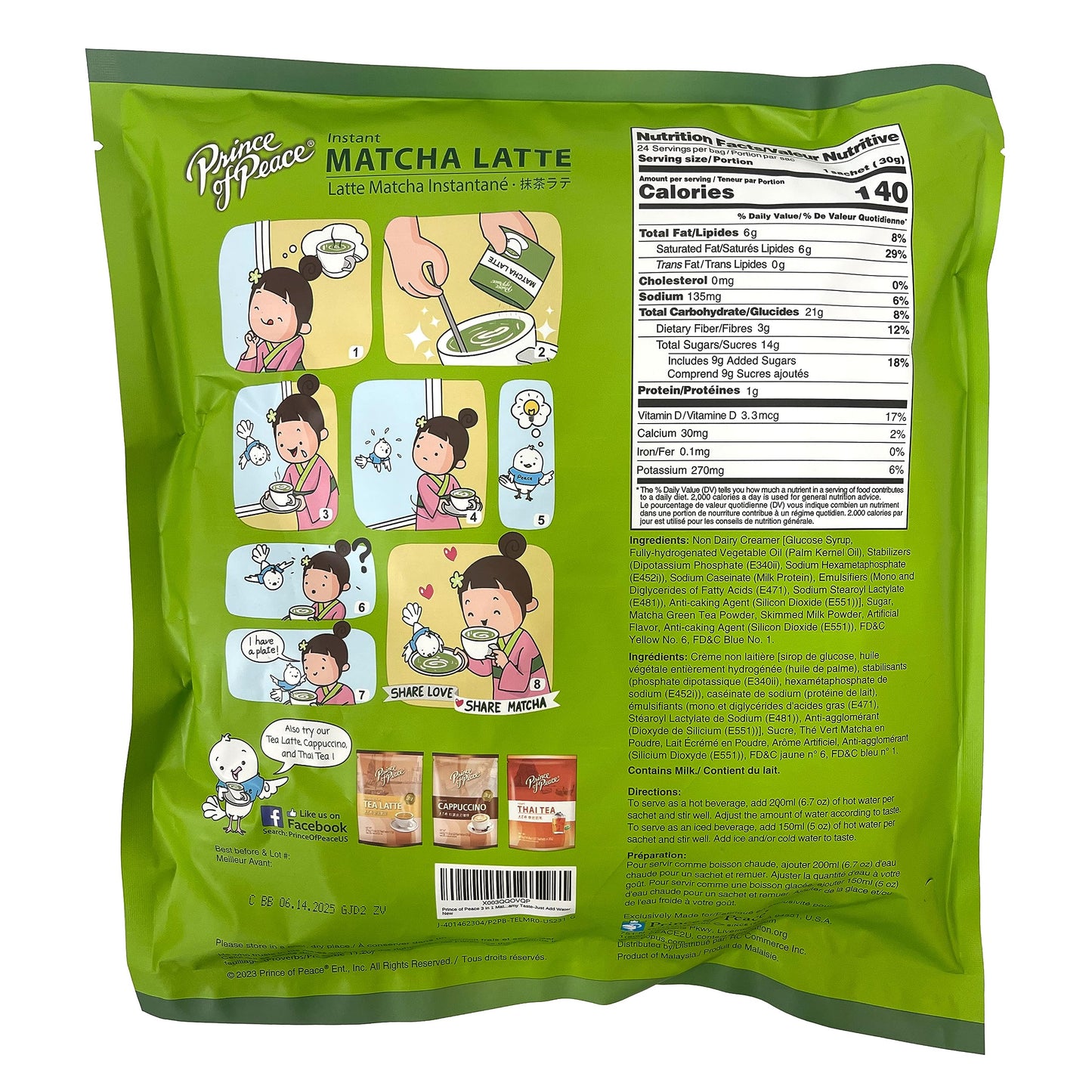 Prince of Peace Matcha Latte Instant Beverage, 24 Sachets, Rich and Creamy, Hot or Cold, Made with Japanese Matcha, Pack of 1