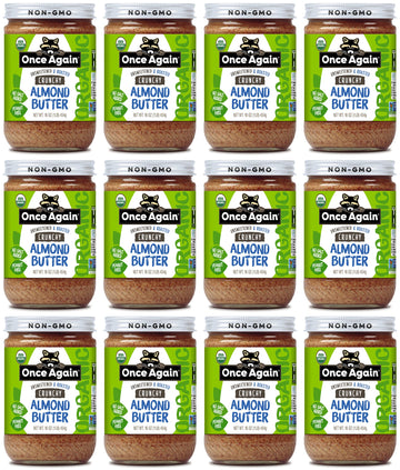 Once Again Organic Crunchy Almond Butter  16oz - Roasted - Salt Free  Unsweetened - USDA Organic  Gluten Free Certified  Peanut Free  Vegan  Kosher  Paleo - Glass Jar - Case of 12