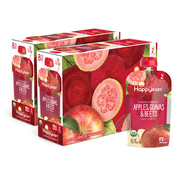 Happy Baby Organics Stage 2 Baby Food Pouches, Gluten Free, Vegan & Healthy Snack, Clearly Crafted Fruit & Veggie Puree, Apples, Guavas & Beets, 4 Ounces (Pack Of 16)