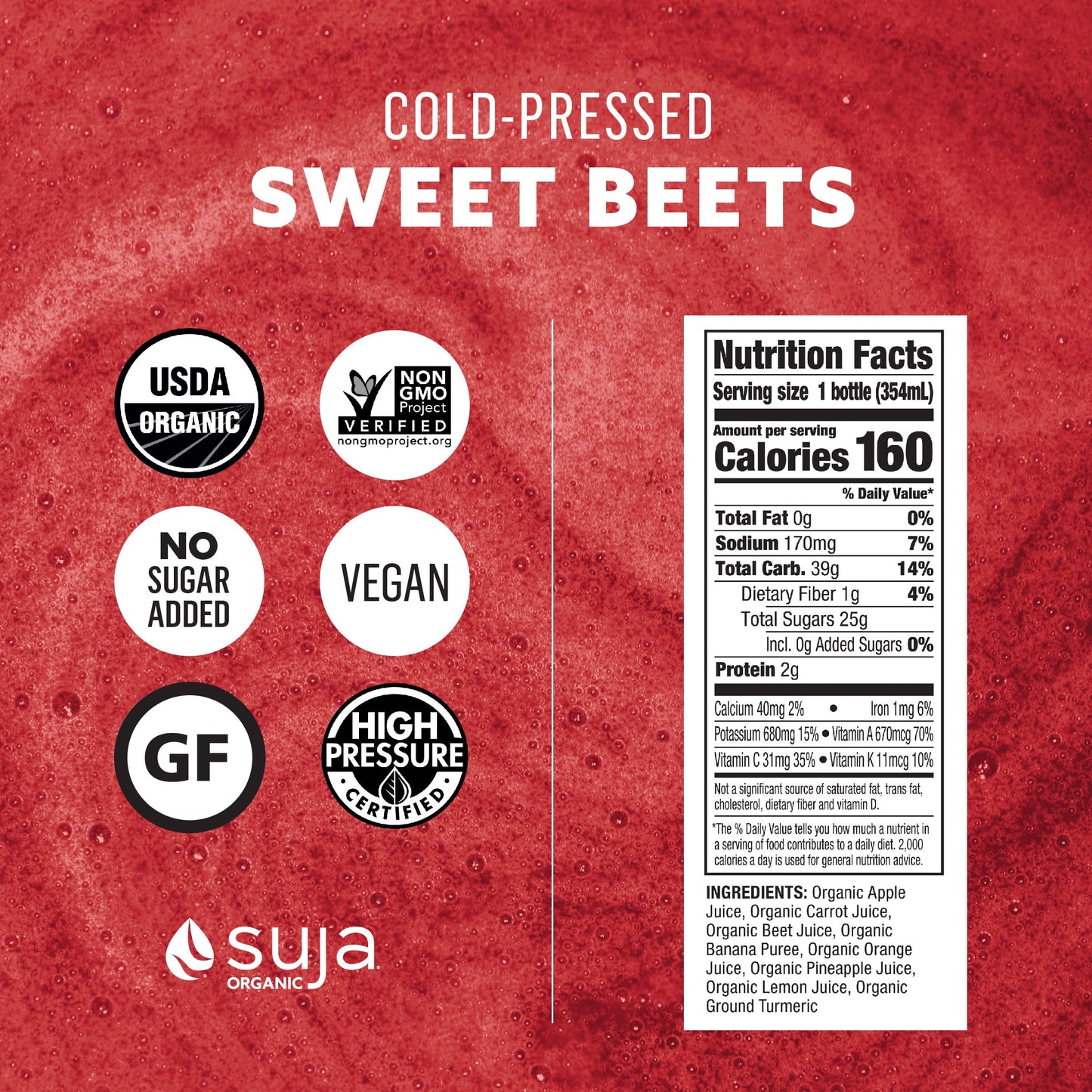 Suja Organic Cold-Pressed Sweet Beets, Apple, Carrot, Beet, Banana, Orange, 12 Fl Oz Bottle