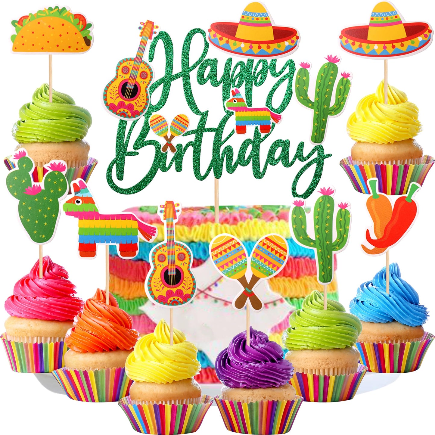 25 Pcs Mexican Fiesta Cupcake Toppers Mexican Fiesta Happy Birthday Cake Topper Cactus Donkey Maraca Sombrero Guitar Cupcake Pic