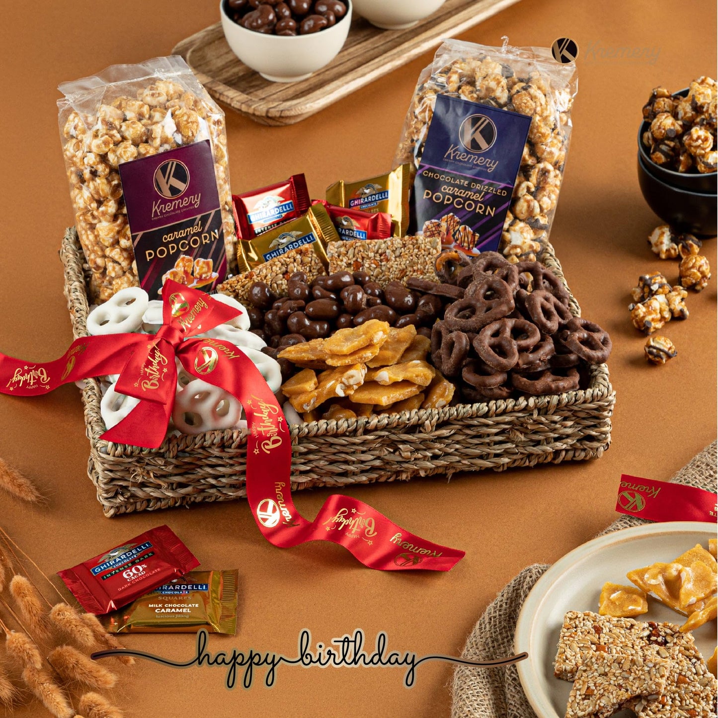 Kremery Creamy Chocolate Cravings - Happy Birthday  , Chocolate Covered Pretzels & Caramel Popcorn Gift Basket, In Seagrass Tray + Ribbon & Greeting Card (Deluxe, 3.5 Lbs) Food Assortments