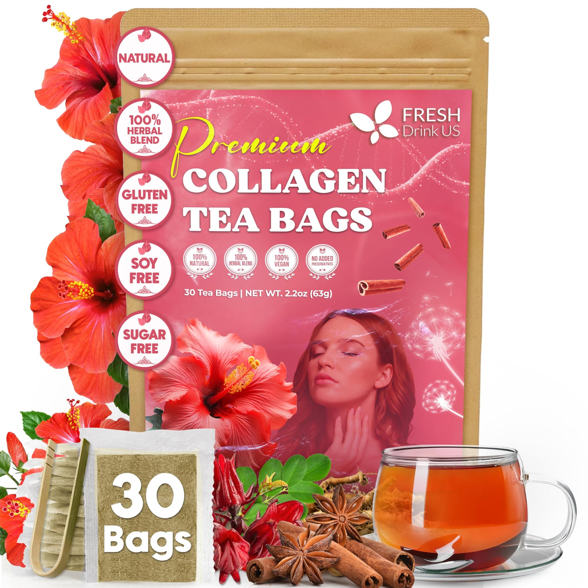 Freshdrinkus  Top-Grade Collagen Herbal Tea - 30 Tea Bags | Cinnamon Stick  Hibiscus  Dandelion Root  Moringa Leaves  Rose Hip  Flavor Blendger  Fennel Seed  Boswellia | Energy Blend-Free  Natural Flavorful Blend
