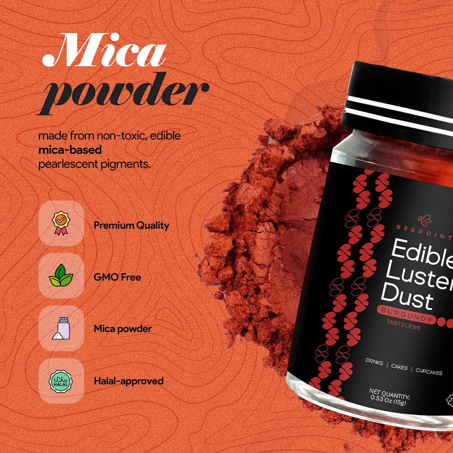 BeePoint Edible Glitter Luster Dust - Food Grade Shimmer Powder for Baking & Decorating, 15g, Bur dy