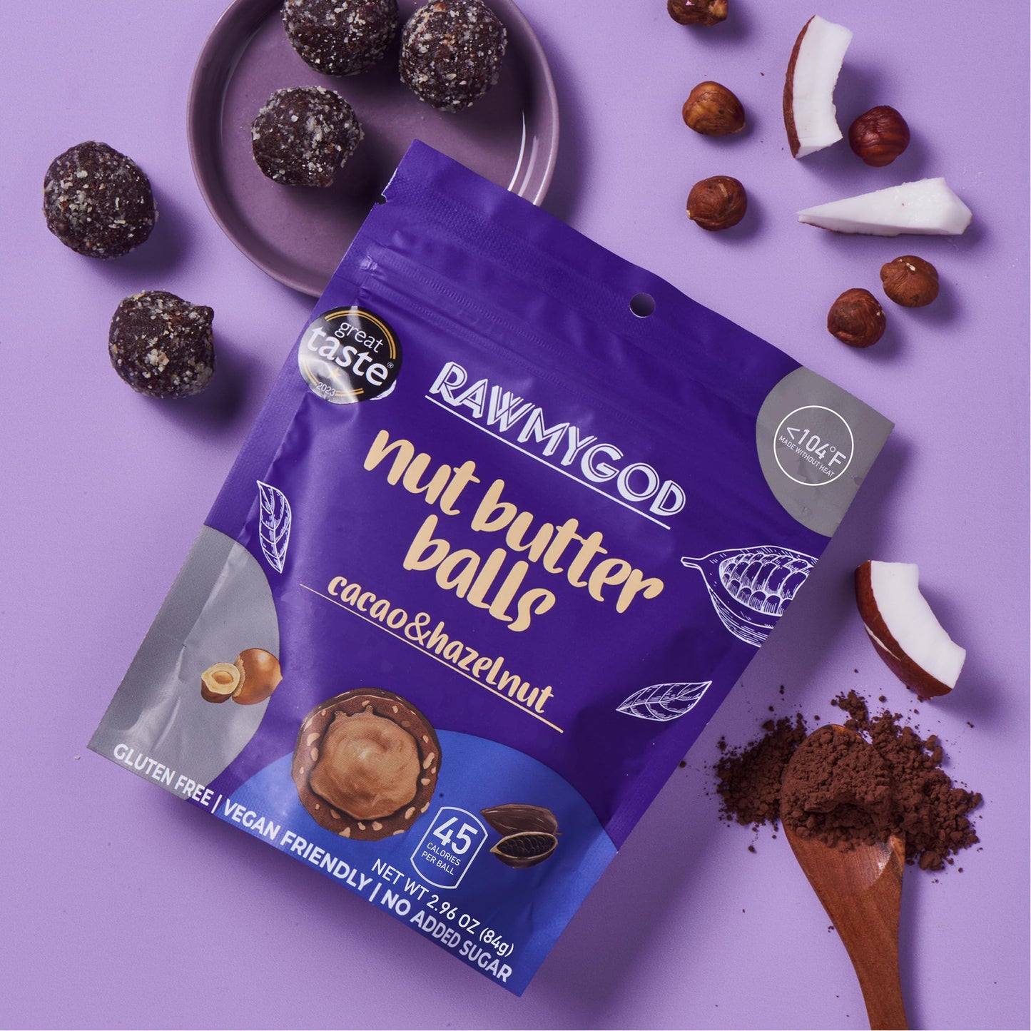 RAWMYGOD Nut Butter Balls, Gluten Free, Vegan, No Added Sugar, 4 Pack, Cacao & Hazelnut, Brown