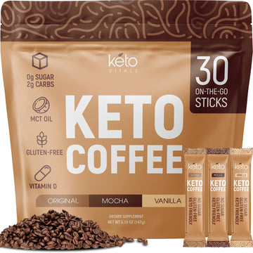 Keto Vitals Instant Keto Coffee Powder - Low-Calorie Sweetened Coffee Packets, Single Serve - Instant Mix In Original, Vanilla,