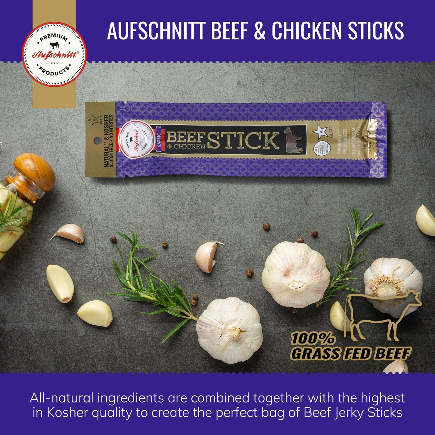 Aufschnitt Grass Fed Beef Jerky Sticks - Low Sodium, Certified Kosher - Halal And Keto Friendly - 6 Pack, Garlic