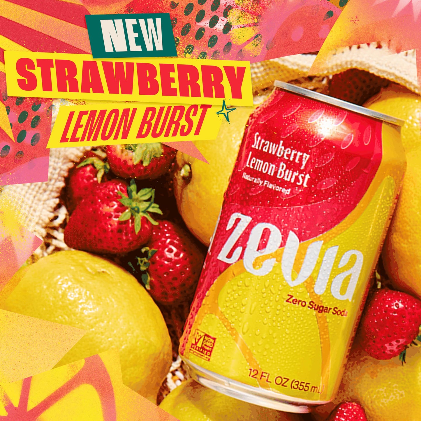 Zevia Zero Sugar Soda, Strawberry Lemon Burst, 12 oz Cans (8-Pack) - Naturally Sweetened, Zero Calorie Sugar Free Soda - Non-GMO