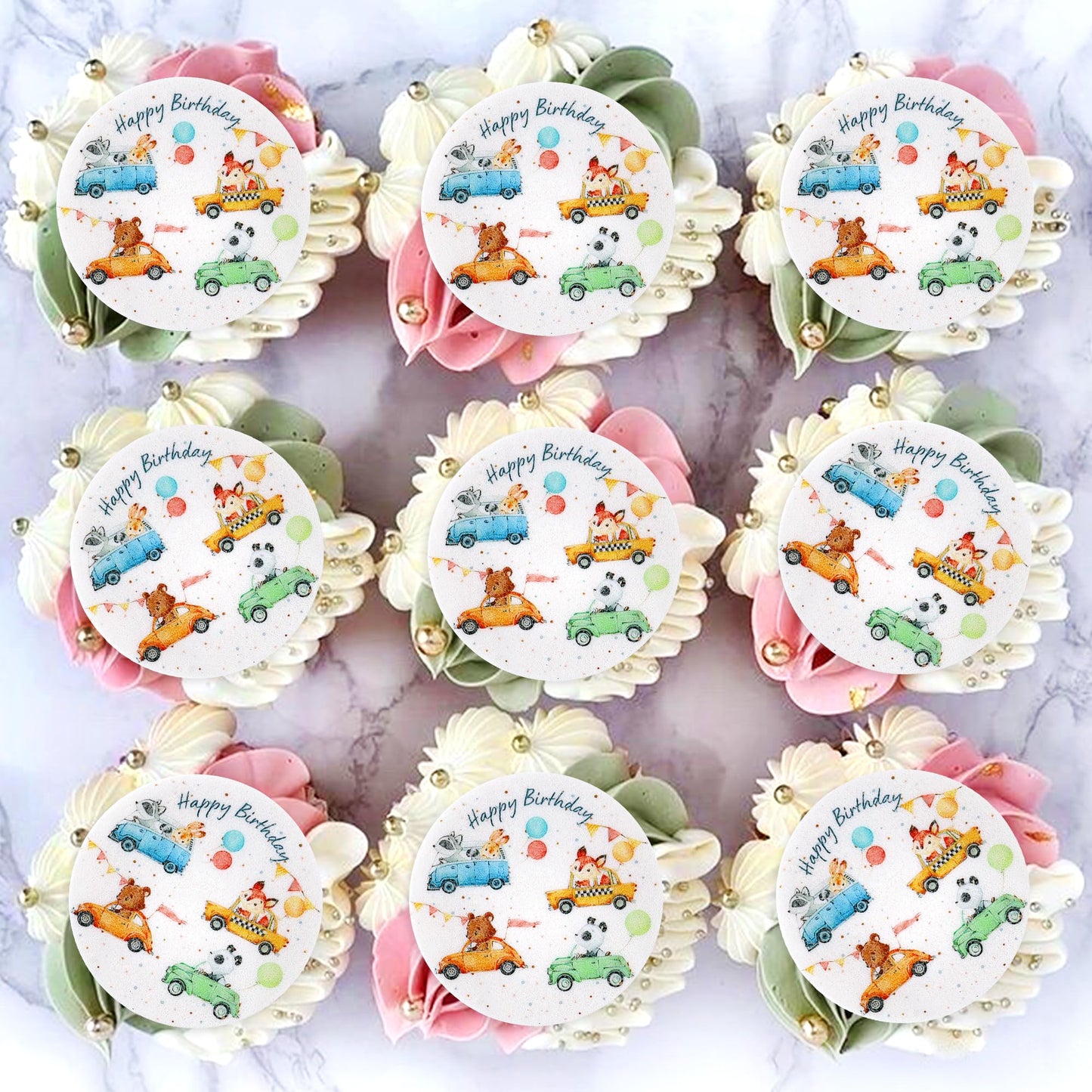 40Pcs Edible Animal Cupcake Toppers Wafer Paper Girl Boy Fox Forest Animals Car Vehicles Racing Car Taxi Cake Toppers Decoration