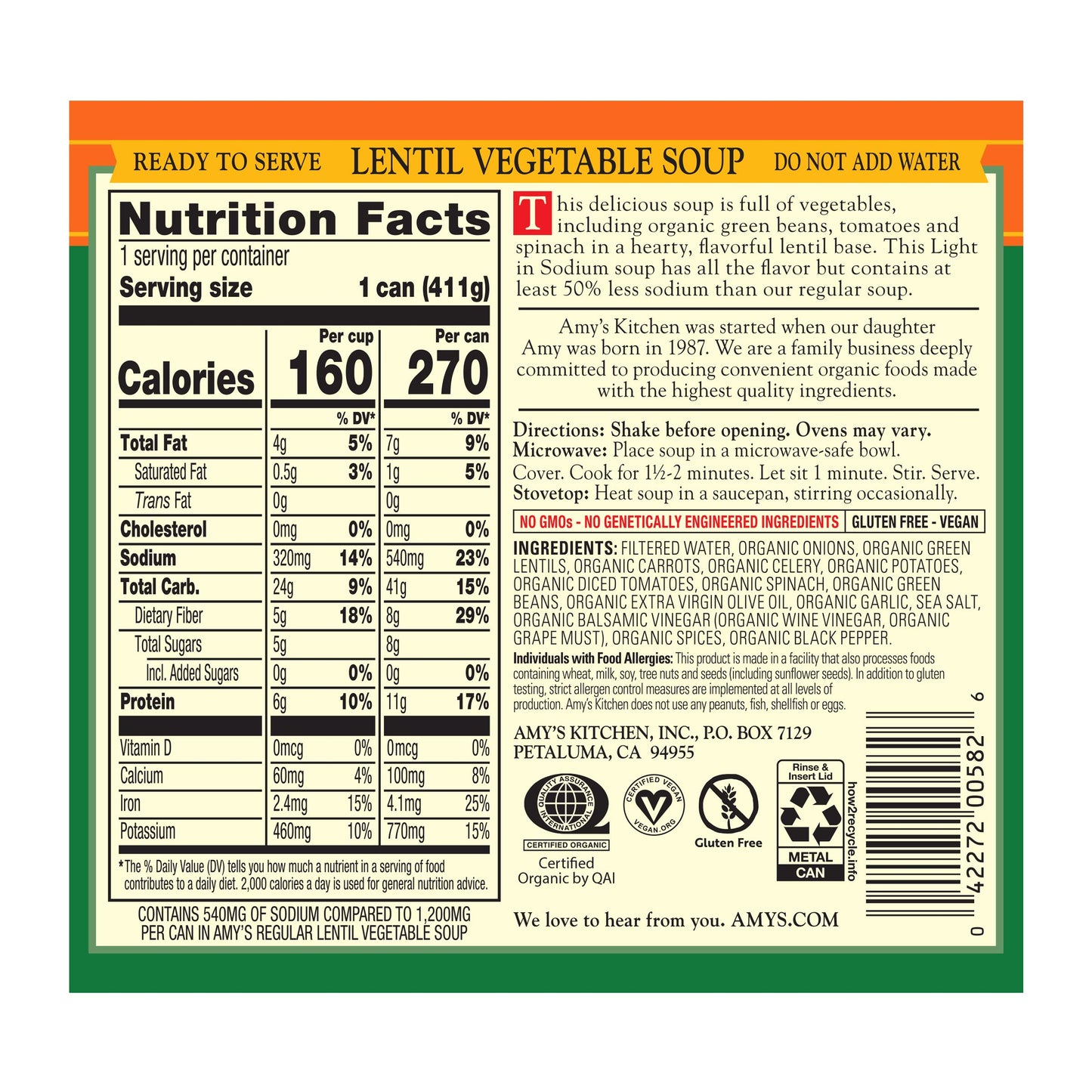 Amy'S Organic Lentil Vegetable Soup, Light In Sodium 14.5 Oz.