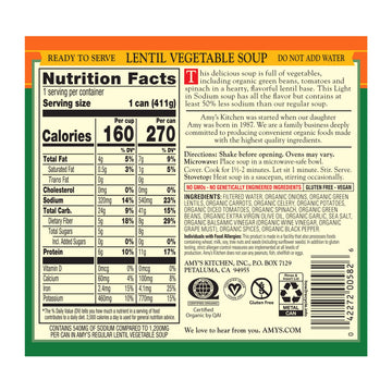 Amy'S Organic Lentil Vegetable Soup, Light In Sodium 14.5 Oz.