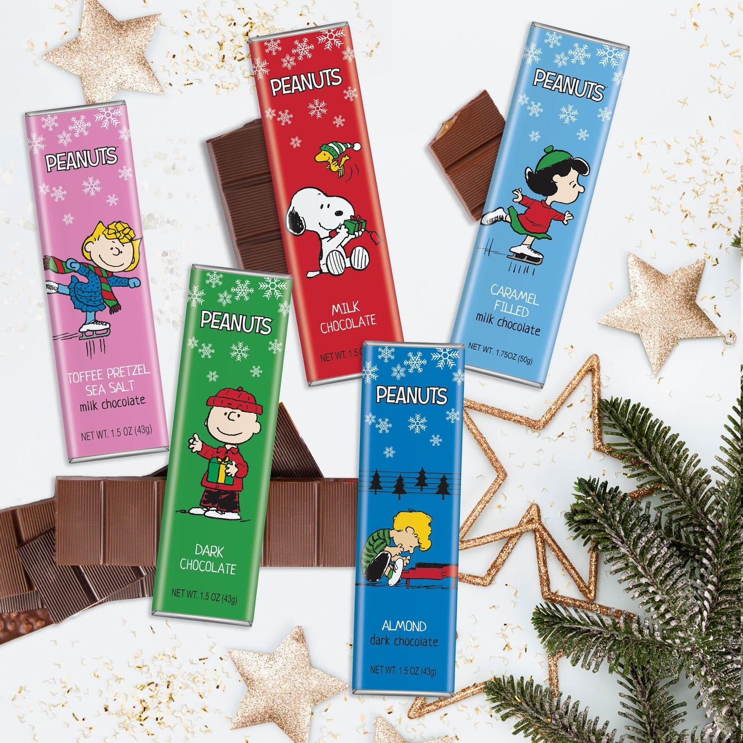 Peanuts Christmas Chocolate Winter Variety Gift Pack, Snoopy Gourmet Bar Snack Set, Charlie Brown Gifts For Kids, 1.5Oz 5-Bar Rich Belgian Chocolate Holiday Box Set, Kosher Candy,