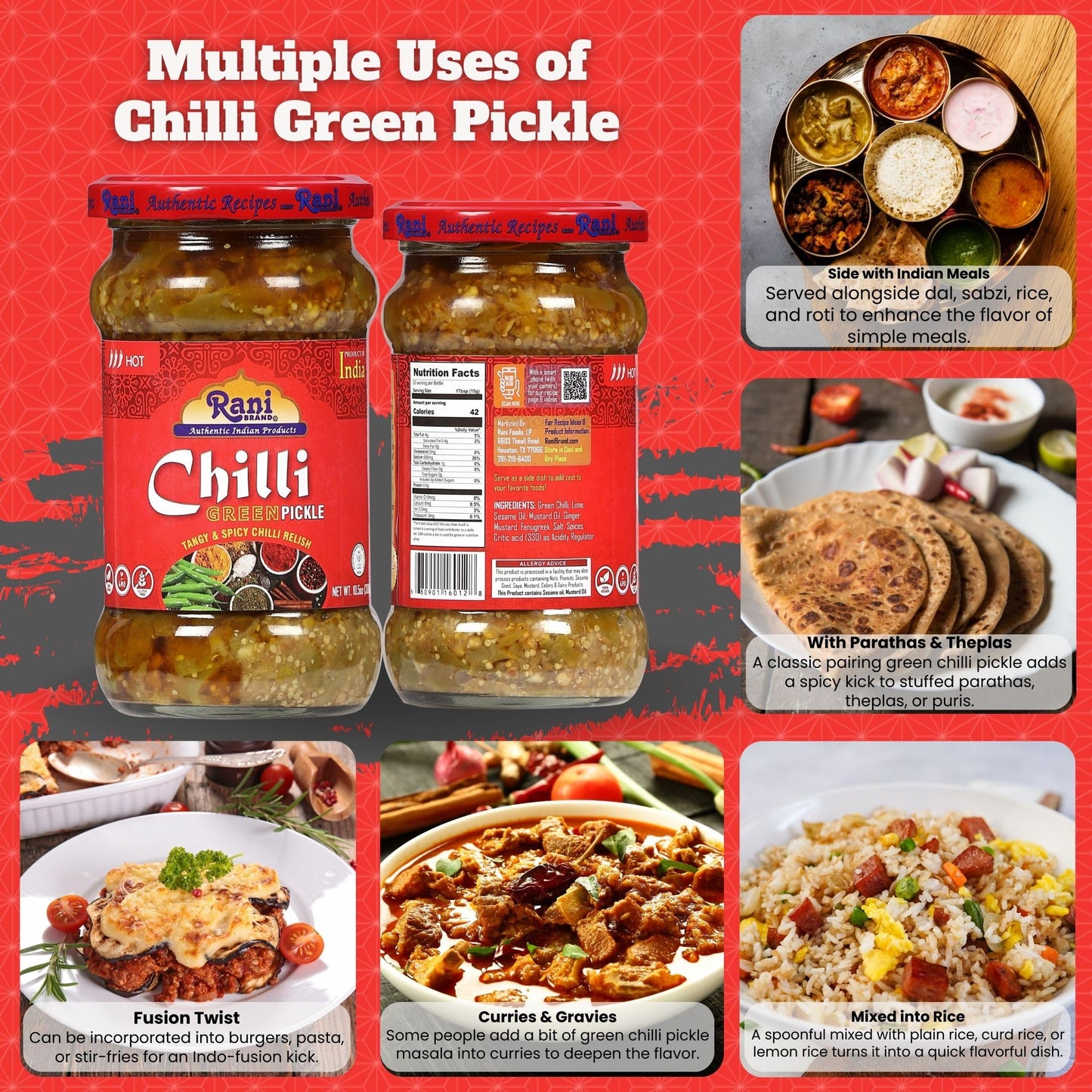 Rani Green Chilli Pickle Achar, Vegan & Gluten Free, 10.5oz (300g) Glass Jar, Spicy Indian Relish