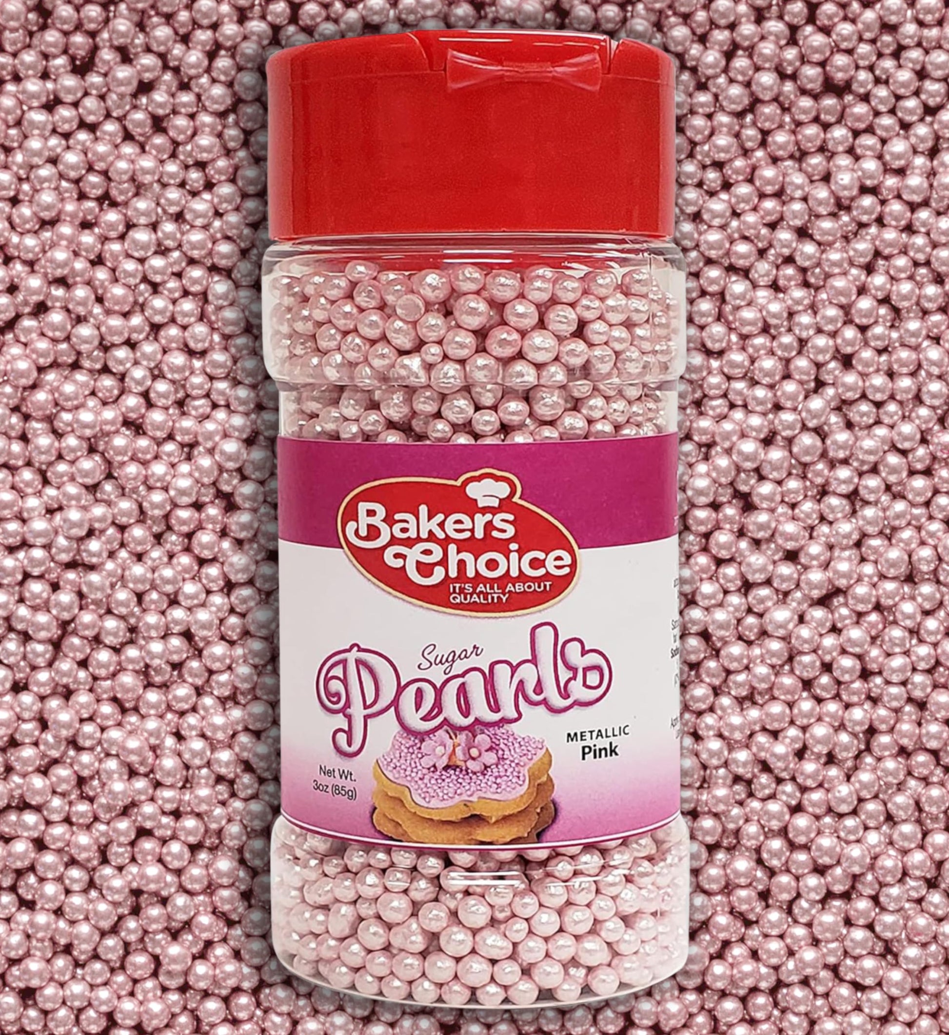 Bakers Choice Edible Pearls - Metallic Pink Sprinkles - Dairy Free - Kosher - 3 oz.