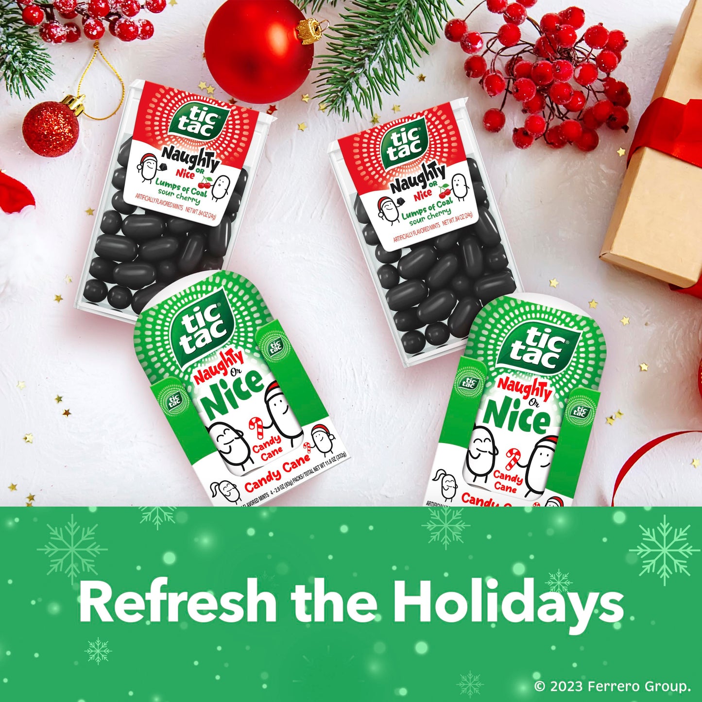 Tic Tac Naughty or Nice Lumps of Coal Sour Cherry Mints, 4 Bottle Packs, On-the-Go Refreshment, Stocking Stuffers, 2.9 oz Each