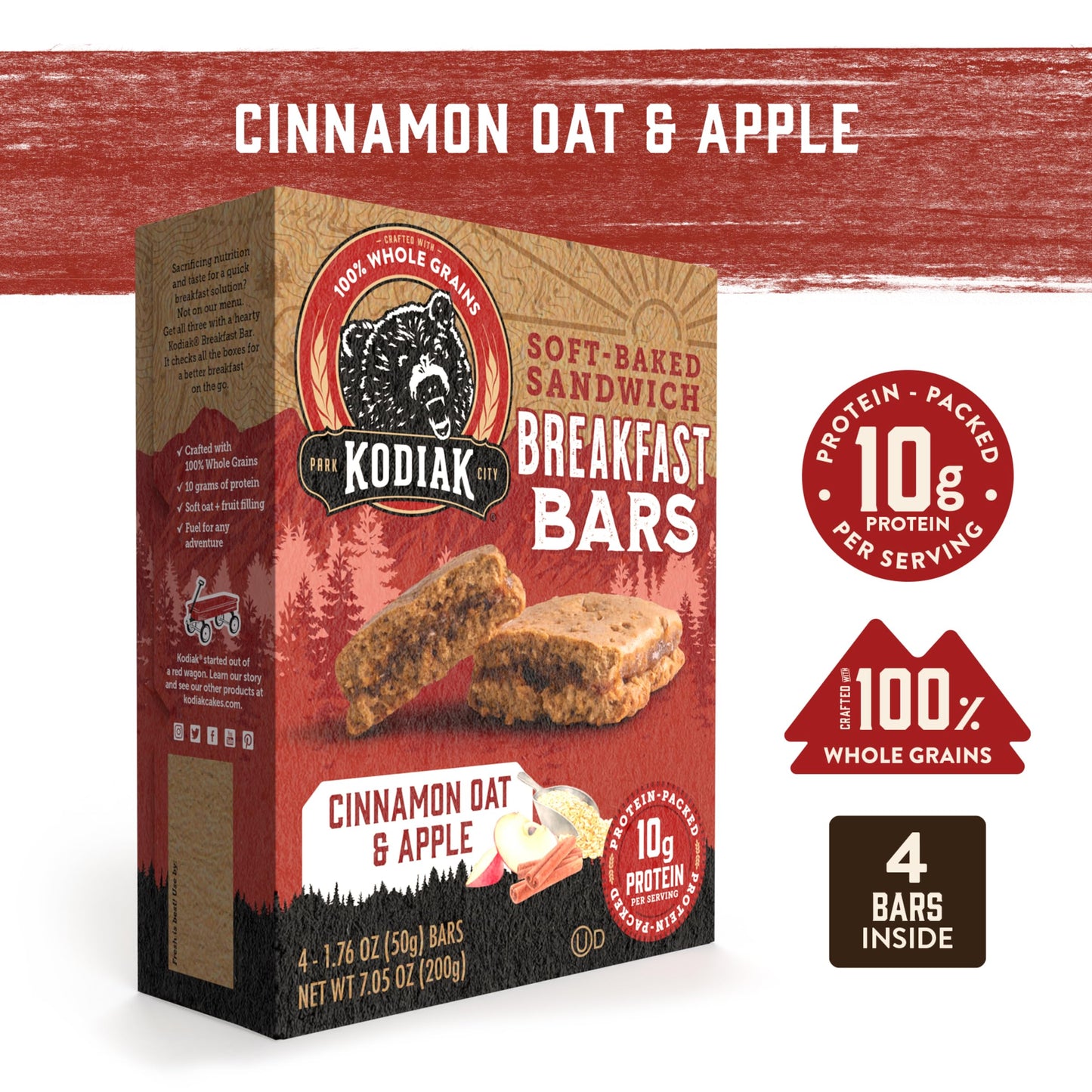Kodiak Cakes Soft Baked Sandwich Breakfast Bar, Cinnamon Oat & Apple, High Protein, 100% Whole Grains, 12 Boxes With 4 Bars Each