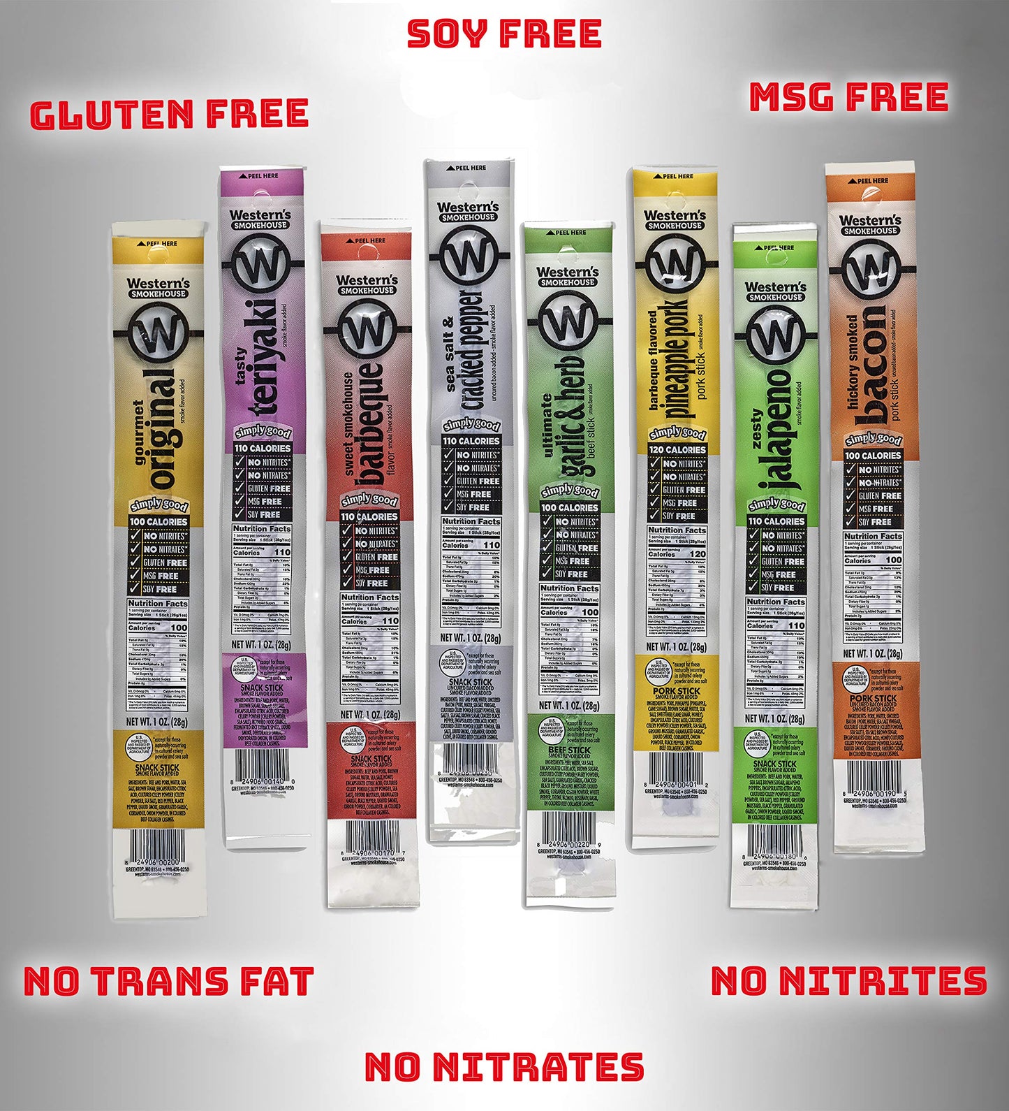 Western s Smokehouse Meat Sticks Variety Pack of 40 - 8 Flavors of Pork and Beef Jerky - Bulk Snacks Individually Wrapped  Gluten-Free  MSG-Free  Soy-Free  No Nitrates