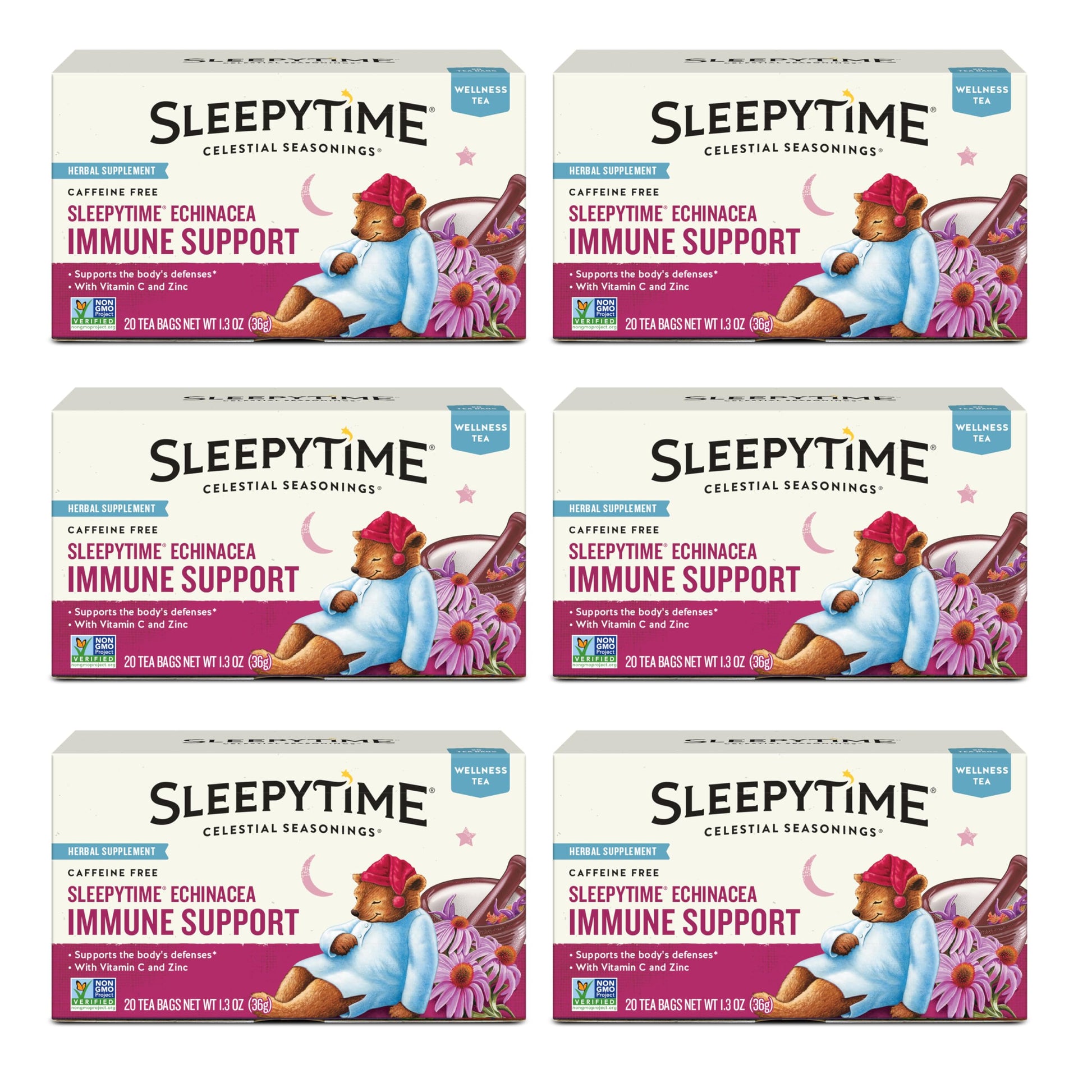 Celestial Seasonings Wellness Tea Sleepytime Echinacea, Caffeine Free, 20 Count (Pack of 6)