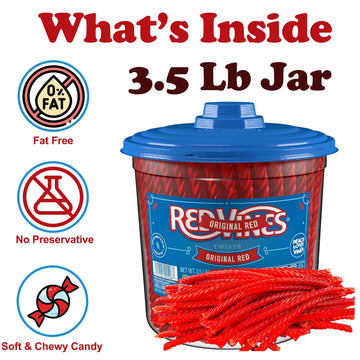 Redvines Original Red Licorice Twists, 3.5 Lb Jar, Original Red Licorice Twists, Soft And Chewy Licorice Candy Bulk, Fat Free, R