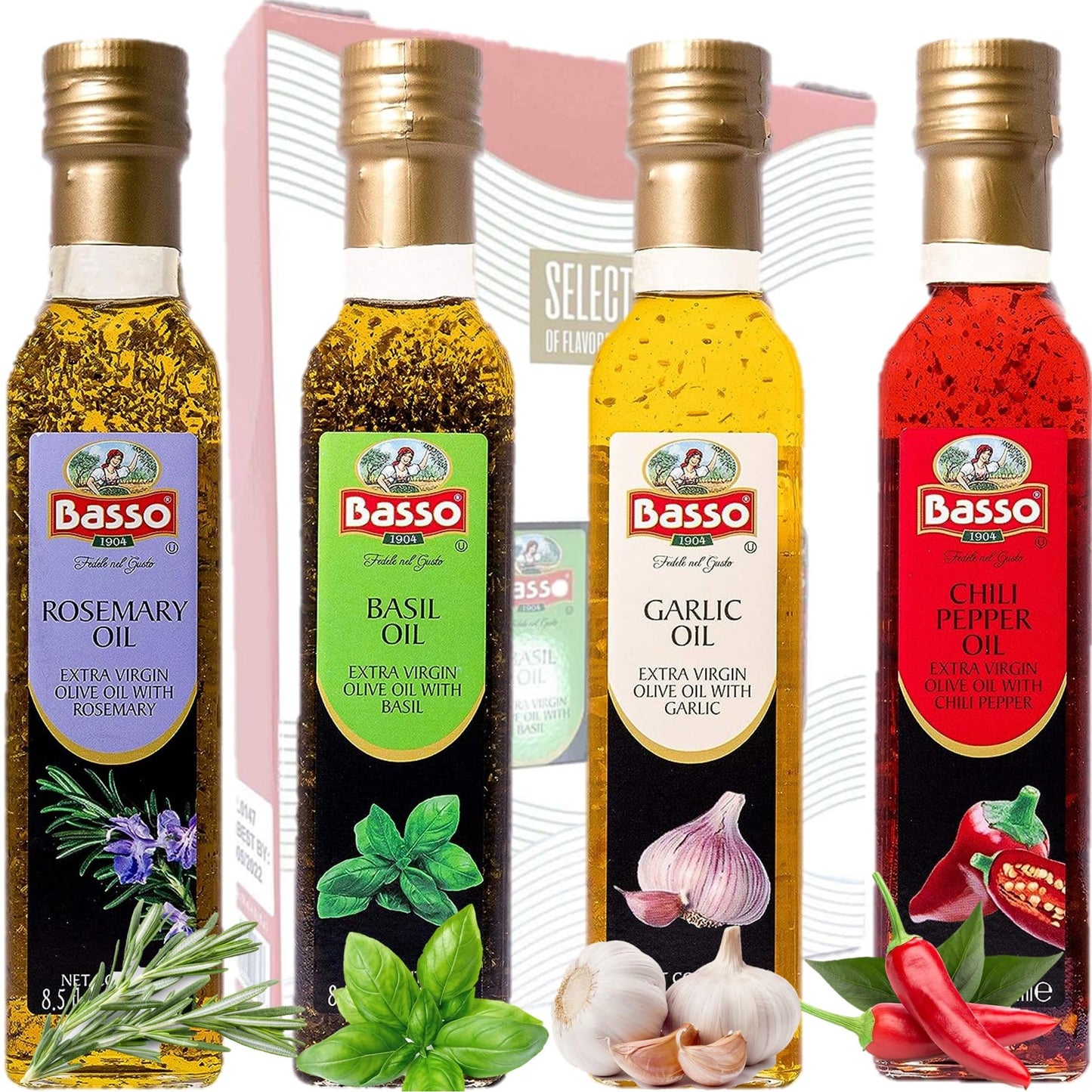 BASSO 1904 - Infused Extra Virgin Olive Oil Gift Box Set, First Cold Pressed, Variety Pack, 4 bottles x 8.5 fl.oz (250ml), Natur
