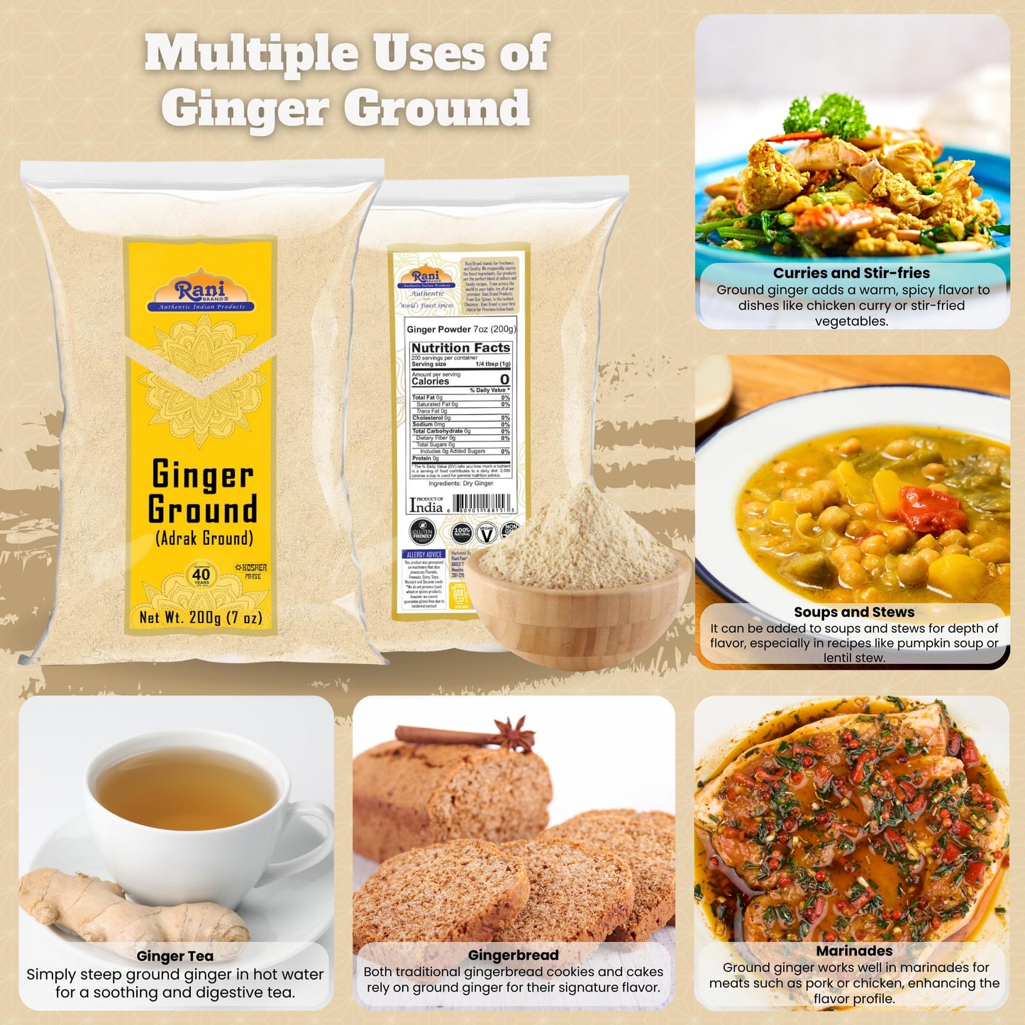 Rani Ginger (Adarak) Powder Ground, Spice 7Oz (200G) ~ All Natural | Vegan | Gluten Friendly | Non-Gmo | Kosher | Indian Origin