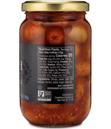Mina Spicy Pitted Olive Mix, 12.5 Oz - Premium Handpicked Moroccan Olives With Red Chili Pepper Harissa, Keto Friendly Spicy Oli