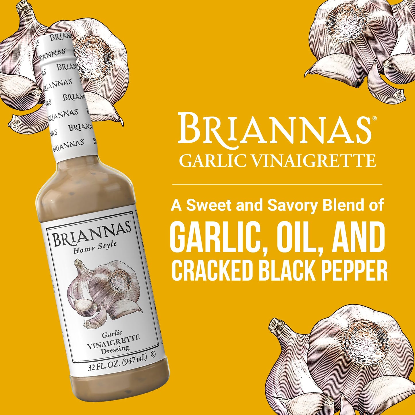 BRIANNAS Garlic Vinaigrette Dressing - Gluten Free, Vegan - 32 oz. Bottle