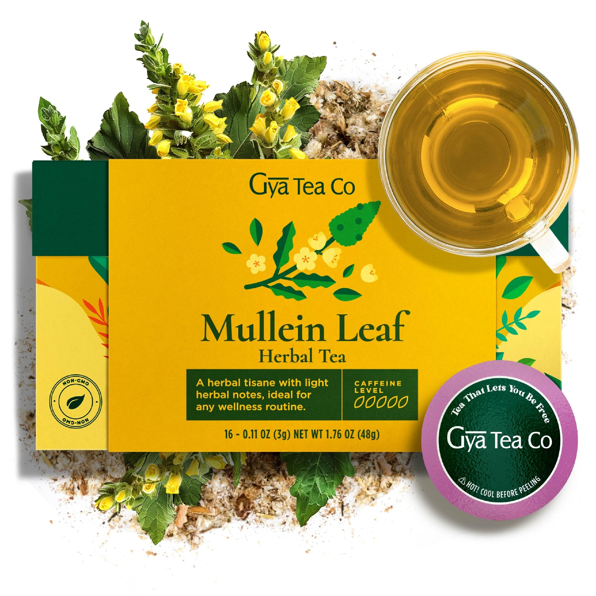 Gya Tea Co Mullein Leaf Herbal Tea Pods - 16 Count Decaf Wellness Tea for Relaxation