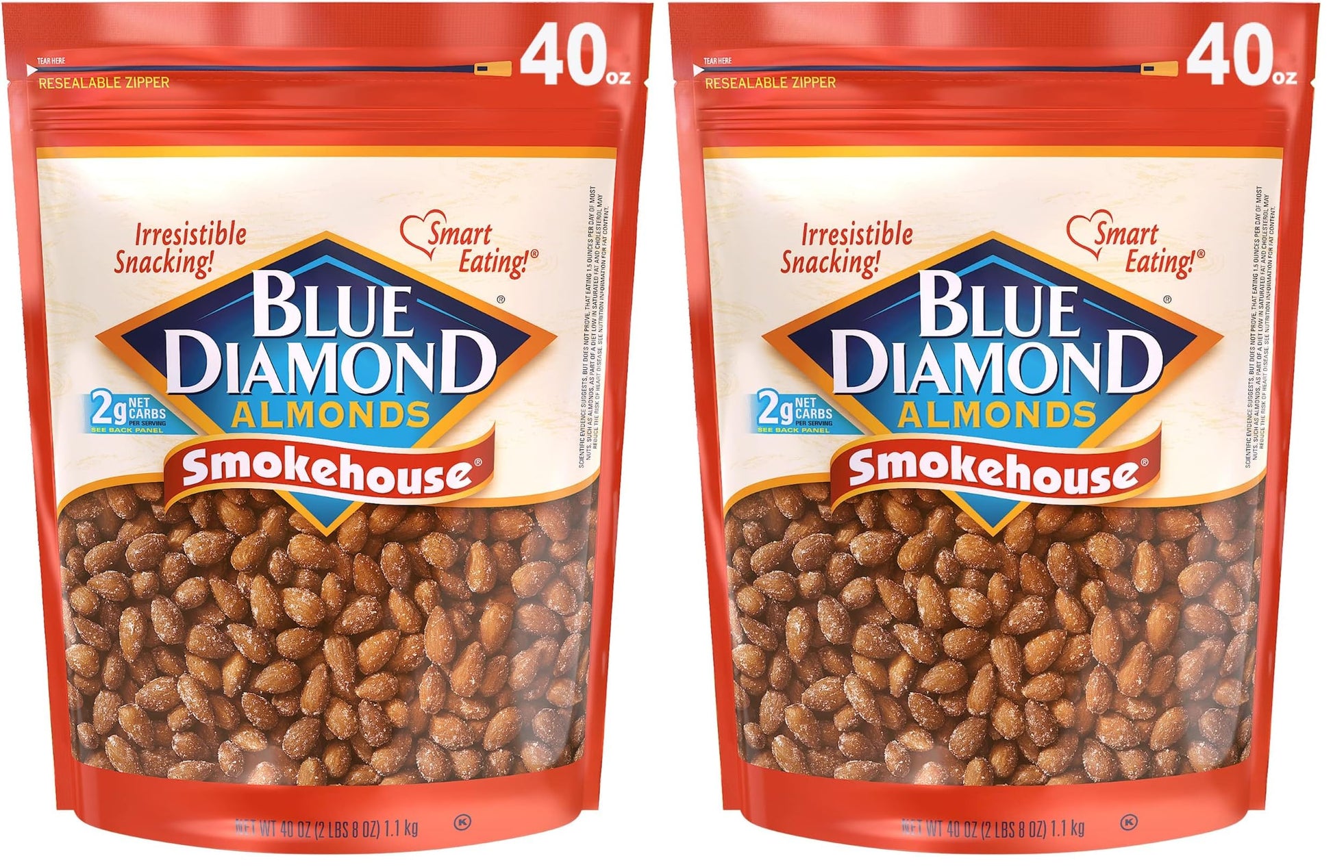 Blue Diamond Almonds Smokehouse Flavored Snack Nuts, 40 Oz Resealable Bag (Pack of 2)