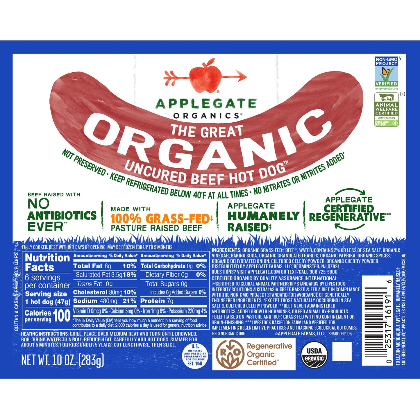 Applegate Farms Organic Uncured Beef Hot Dogs, 10 OZ