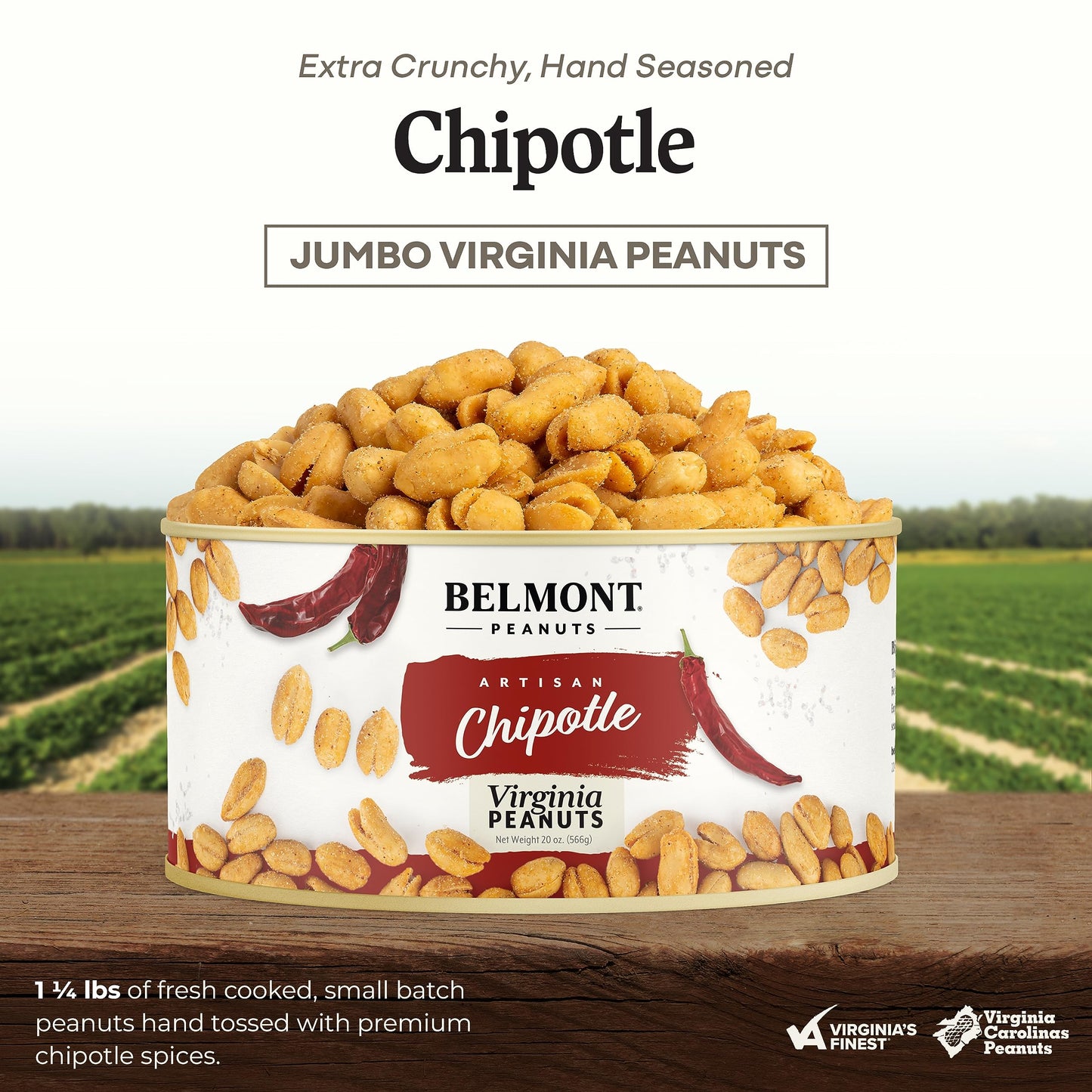 Belmont Peanuts Gourmet Chipotle & Sea Salt Peanuts, 20 oz, No Preservatives, 7g Protein, Hand Seasoned Snack
