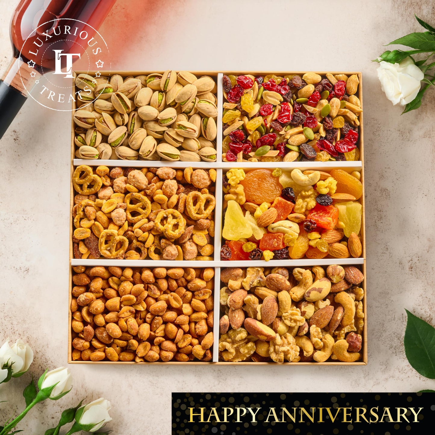 Dried Fruit And Nuts Gift Basket – Anniversary Ideas For Couples Gourmet Mixed Nuts Variety Pack, 6 Section Healthy Snack Tray, Wedding Gifts Box For Men And Women, Husband Wife Mature-Themeds