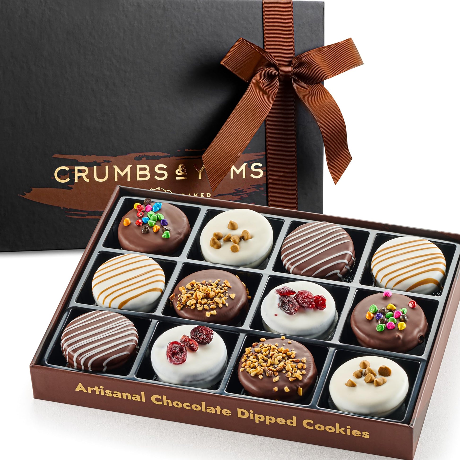 Valentines Day Cookies Gift Basket - 12 Gourmet Chocolate Covered Sandwich Cookies With Assorted Toppings - Assorted Food Gift Box For Fathers Day  Mothers Day  Family  Sympathy  Men & Women.