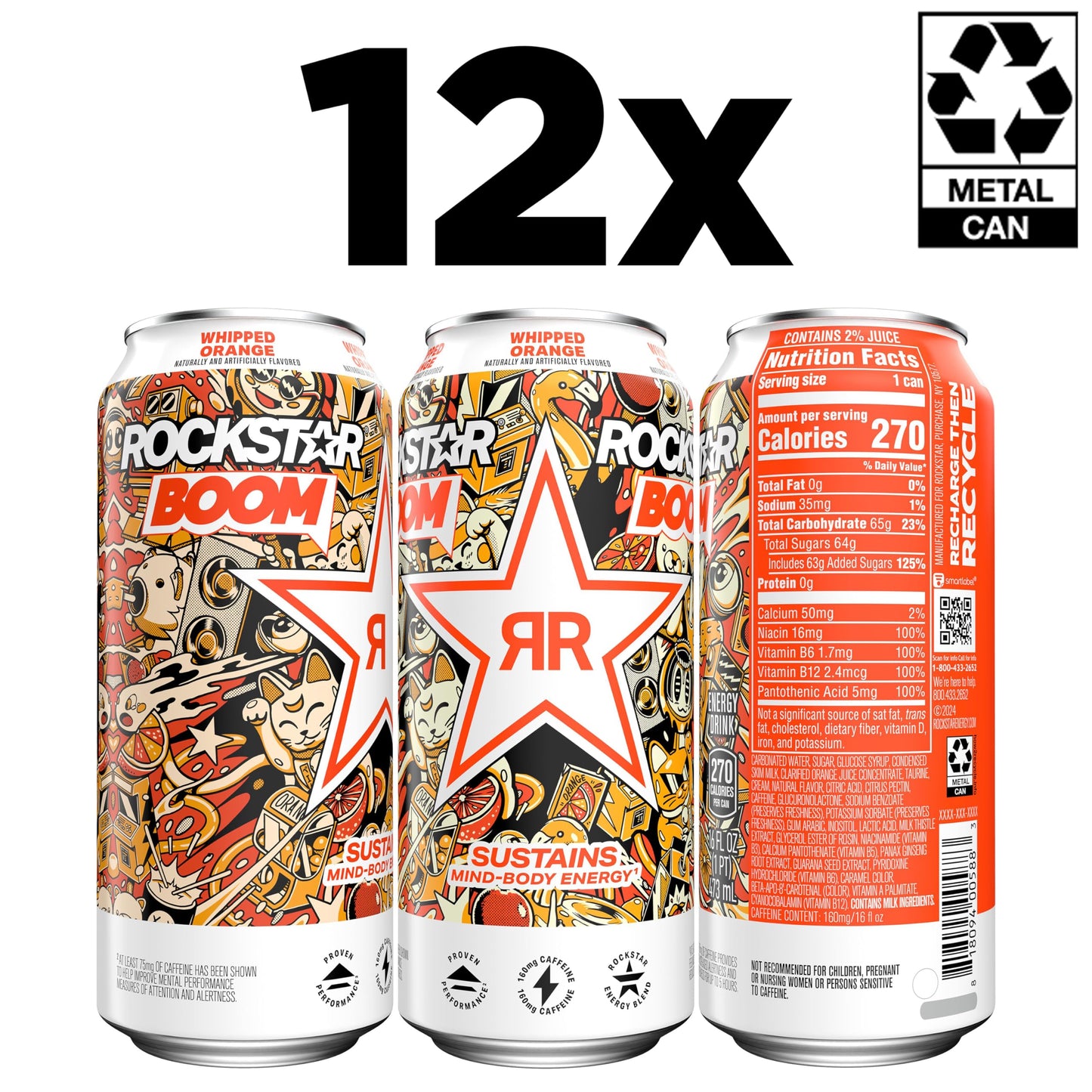 Rockstar Energy Drink Boom Whipped Orange, 16 Fl Oz (Pack Of 12)