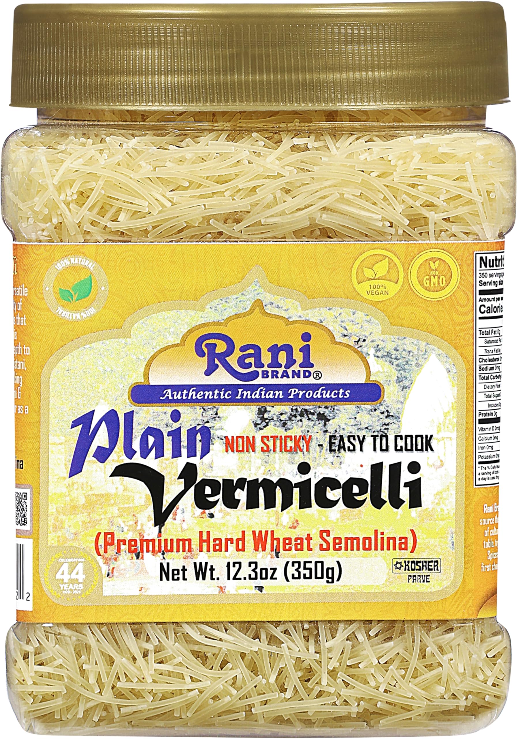 Rani Plain Vermicelli (Wheat Noodles) 12.25oz (350g) PET Jar ~ All Natural | Vegan | NON-GMO | Kosher | Indian Origin