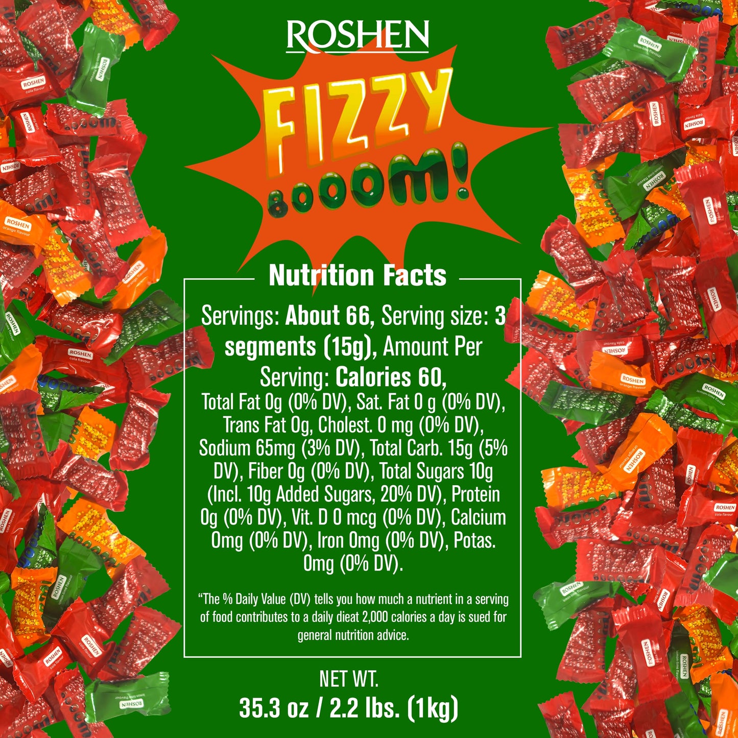 Roshen Fizzy Boom Candy - 2.2 lb Bulk Bag of Fizzy Hard Candies  Assorted Zesty Orange  Cola & Lemon-Lime Flavors - Retro Sour Candy  Individually Wrapped  Kosher  Halal  Hard Candy with Fizzy Center
