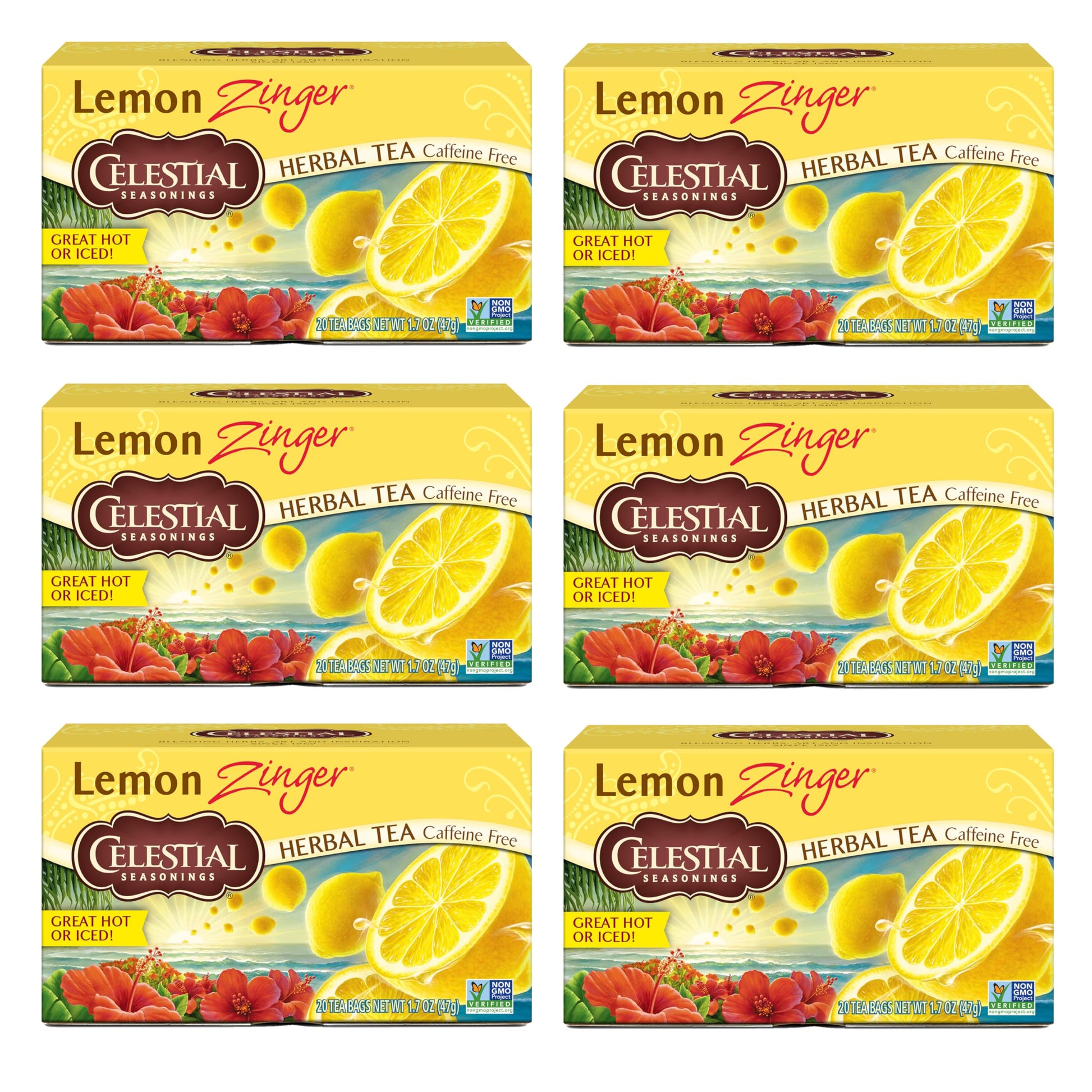 Celestial Seasonings Lemon Zinger Herbal Tea, Caffeine Free, 20 Bags, Pack of 6