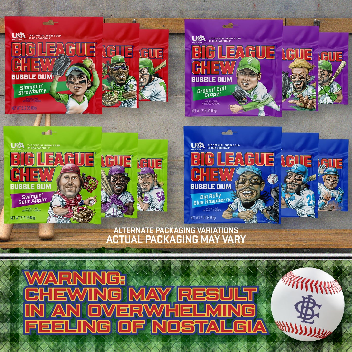 Big League Chew Bulk Baseball Gum Variety Pack - 5 Flavors, 2.12oz Pack, Multi-colored