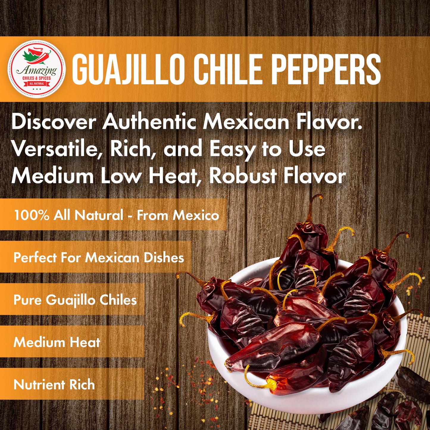 Amazing Chiles & Spices Guajillo Chiles Peppers Dried Whole, Mild to Medium Heat, 5 oz Resealable Bag