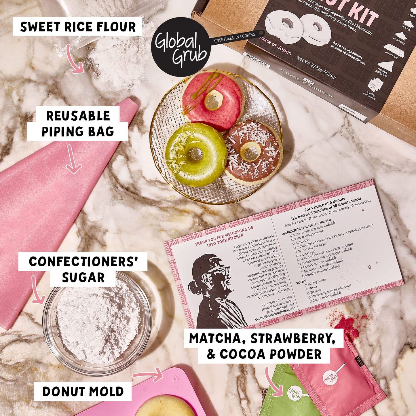 Global Grub Diy Morimoto Mochi Donut Kit - Includes Mochi Donut Mold, Reusable Piping Bag, Sweet Rice Mochi Flour, Confectioners
