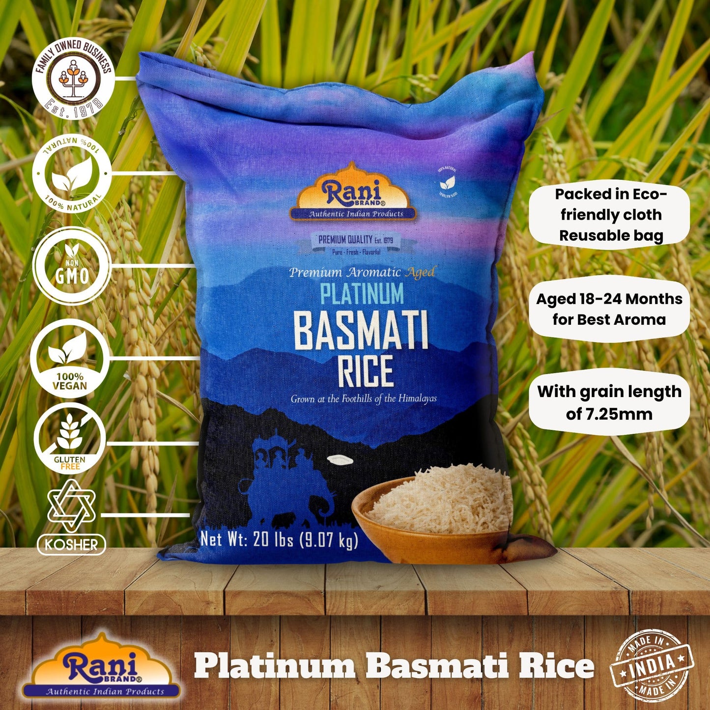 Rani Platinum White Basmati Rice Extra Long Aged 20-Pound Bag, 320Oz (20Lbs) 9.08Kg ~ All Natural | Gluten Friendly | Vegan | In