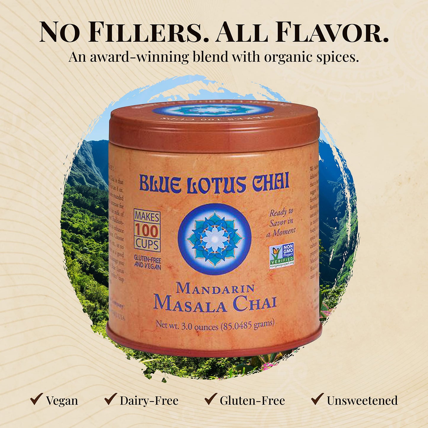 Blue Lotus Chai - Mandarin Flavor Masala Chai - Makes 100 Cups - 3 Ounce Masala Spiced Chai Powder With Organic Spices - Instant