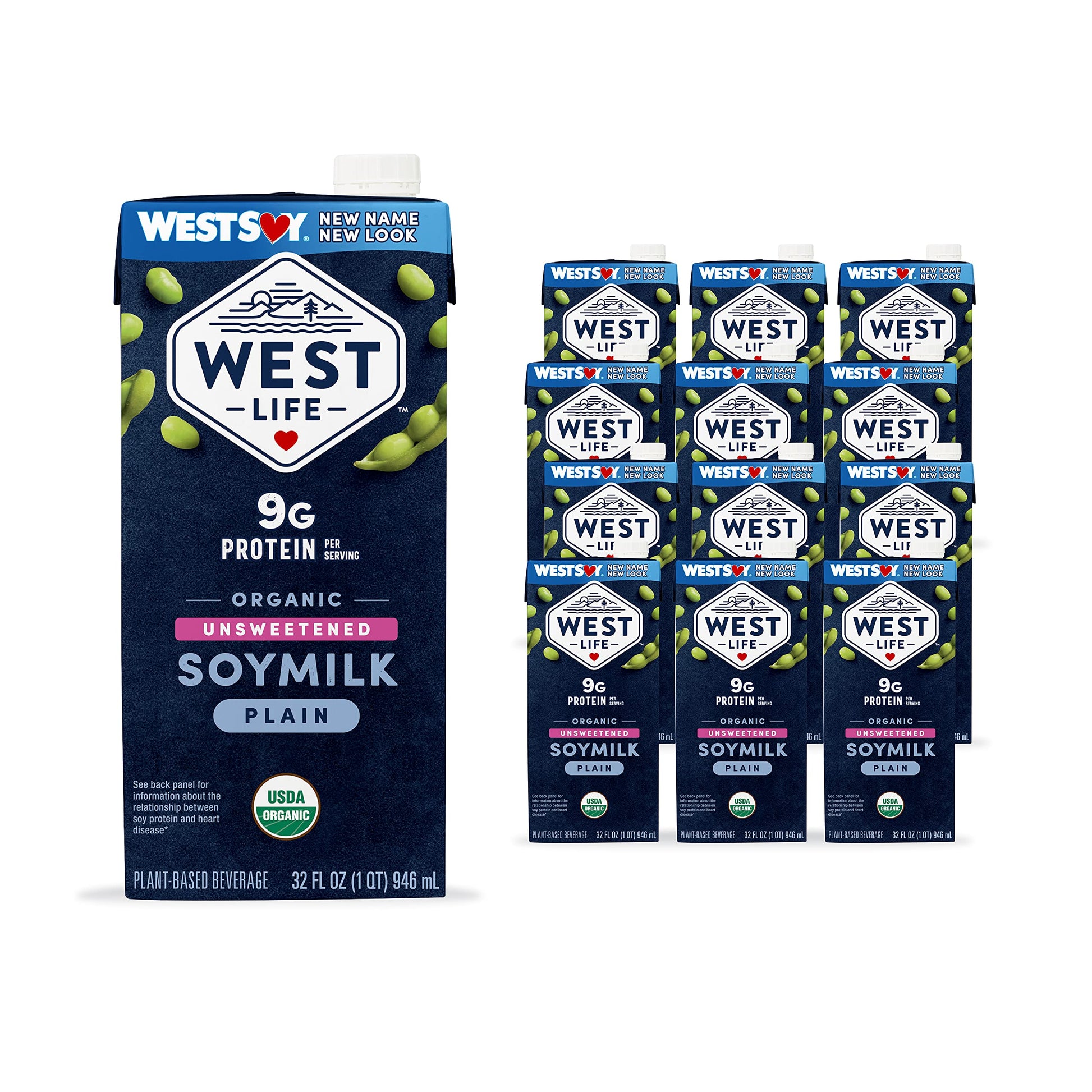 West Life Organic Soy Milk, Unsweetened Plain, Low Sugar, 9g of Protein, Vegan Dairy Alternative, Lactose-Free, Shelf Stable, 32