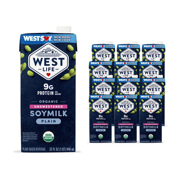 West Life Organic Soy Milk, Unsweetened Plain, Low Sugar, 9g of Protein, Vegan Dairy Alternative, Lactose-Free, Shelf Stable, 32
