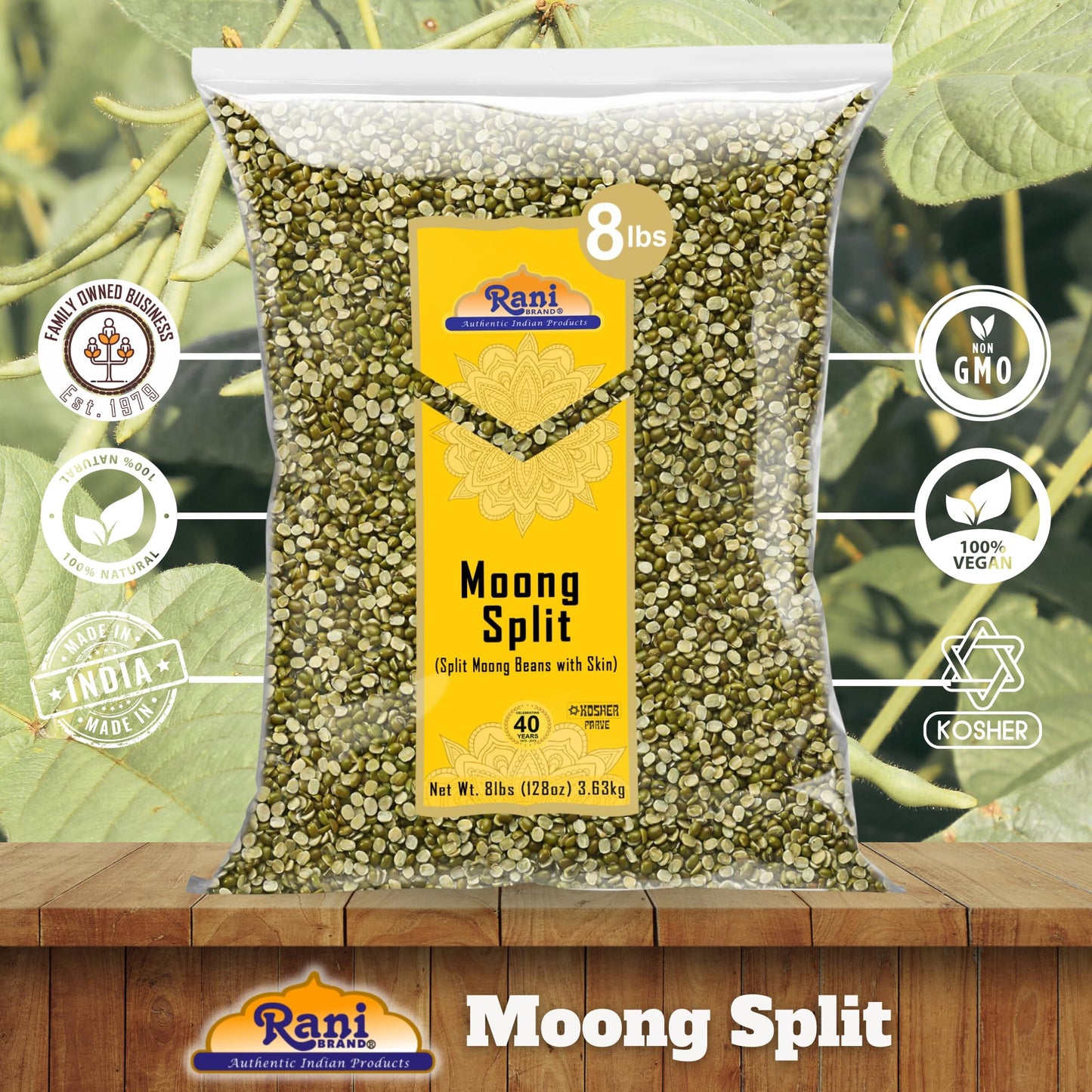 Rani Moong Split (Split Mung Beans With Skin) Lentils Indian 128Oz (8Lbs) 3.63Kg Bulk ~ All Natural | Gluten Friendly | Non-Gmo