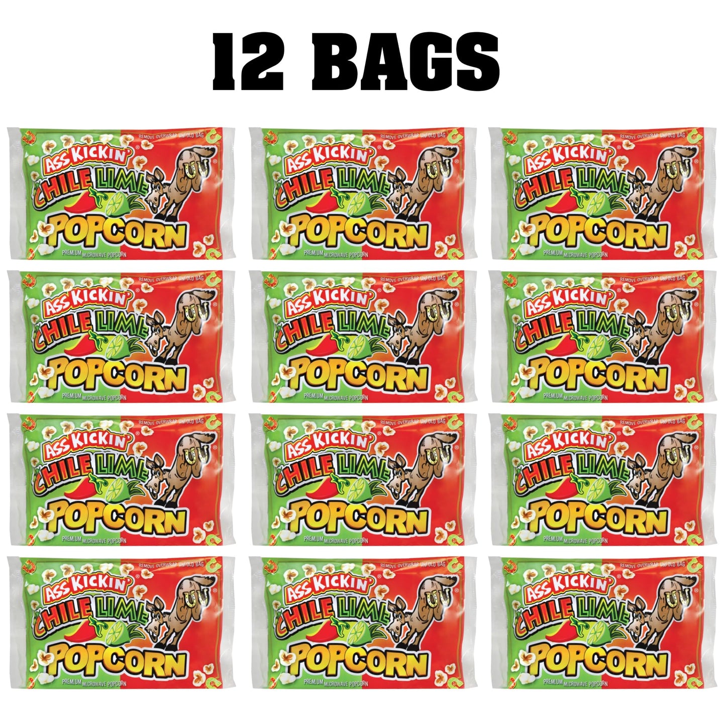 ASS KICKIN Chile Lime Microwave Popcorn - 12 Pack, 3.5 Ounce Bags - Gourmet Snack for Movie Night