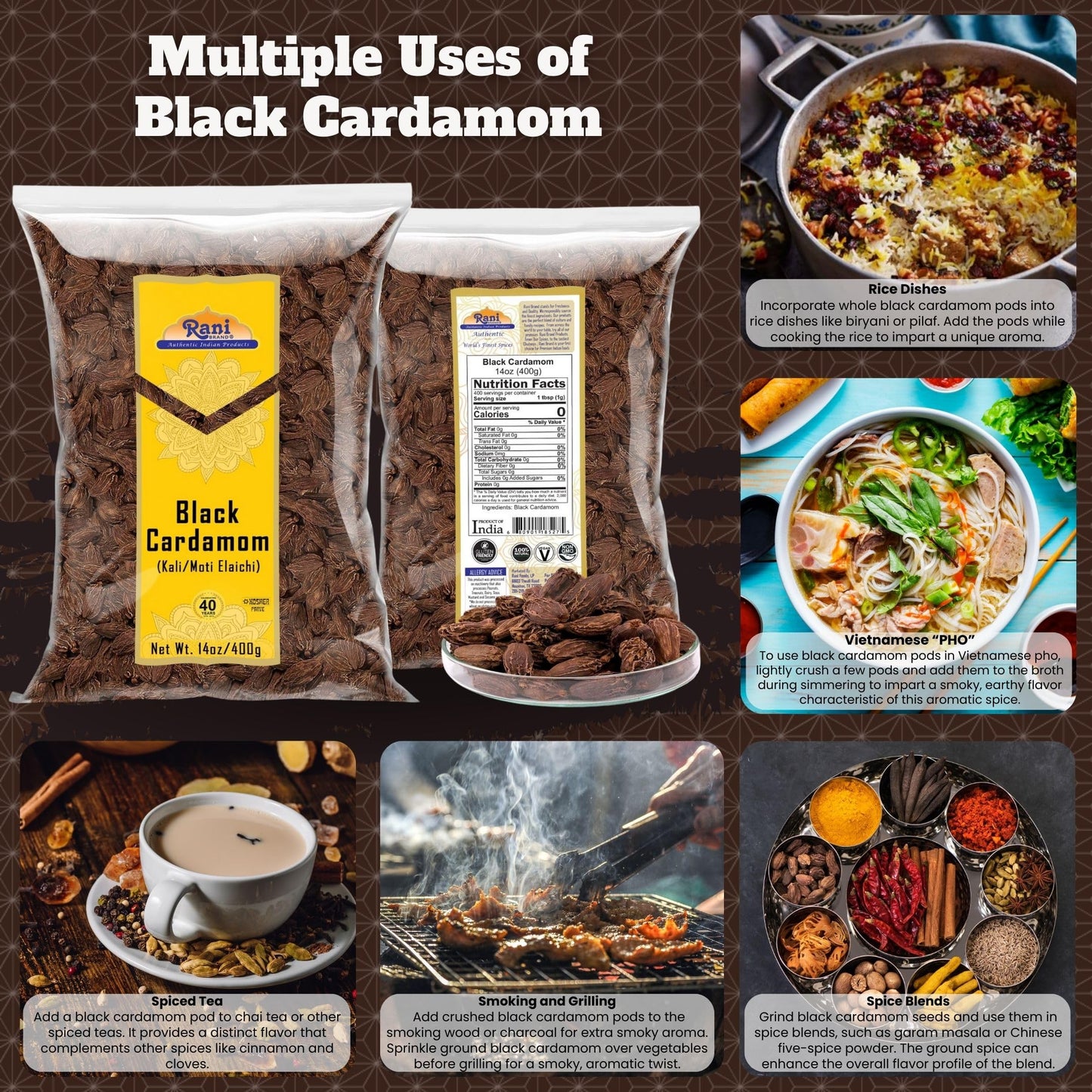 Rani Black Cardamom Pods Whole Indian Spice 14oz | All Natural, Vegan, Gluten Friendly, NON-GMO