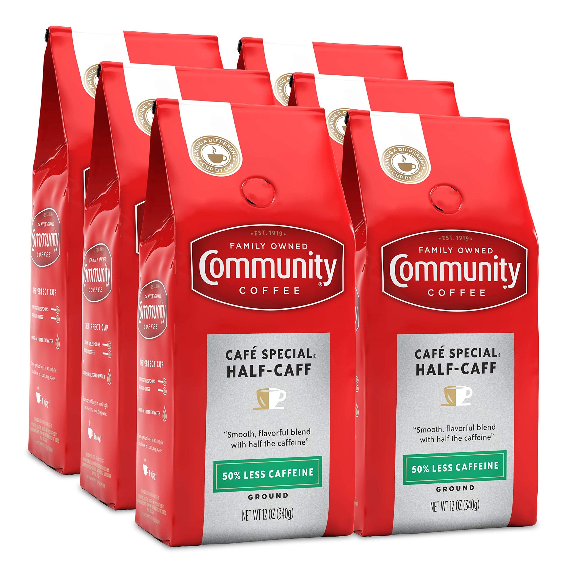 Community Coffee Half-Caff Ground Coffee, Medium Dark Roast, 12 Ounce Bag, Pack of 6